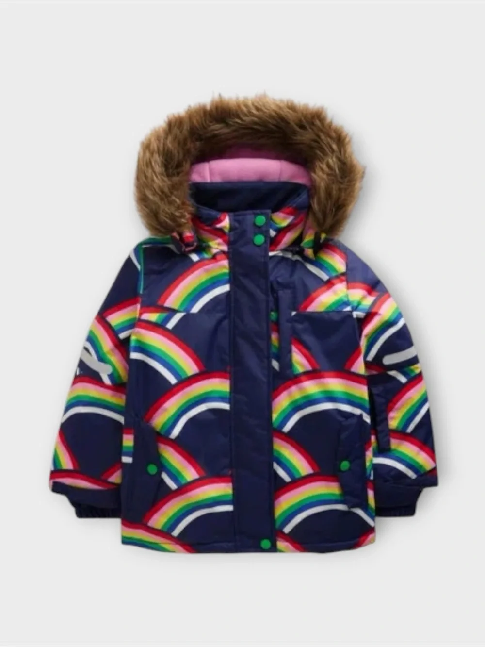 Mini Boden All Weather Waterproof Hooded Fur Rainbow Pattern Blue Powder Coat